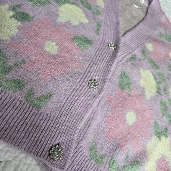 Mango Pastel Floral V-Neck Jewel Button Cardigan - Purple - Picture 4 of 13